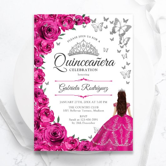 Fuchsia Roze Zilver Bloemen Quinceanera Kaart