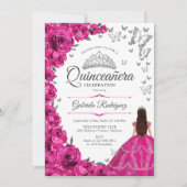 Fuchsia Roze Zilver Bloemen Quinceanera Kaart (Voorkant)