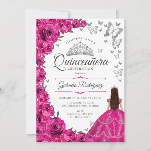 Fuchsia Roze Zilver Bloemen Quinceanera Kaart (Voorkant)
