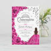 Fuchsia Roze Zilver Bloemen Quinceanera Kaart (Staand voorkant)
