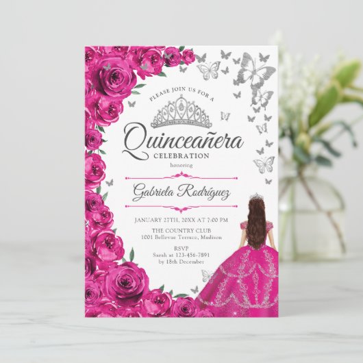 Fuchsia Roze Zilver Bloemen Quinceanera Kaart (Staand voorkant)