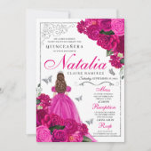Fuchsia roze zilver prinses vlinder quinceañera kaart (Voorkant)