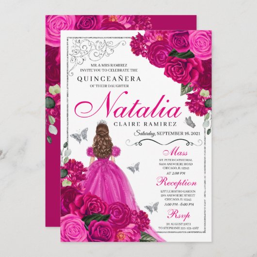 Fuchsia roze zilver prinses vlinder quinceañera kaart (Voorkant / Achterkant)