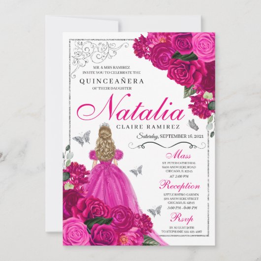 Fuchsia roze zilver prinses vlinder quinceañera kaart (Voorkant)