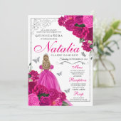 Fuchsia roze zilver prinses vlinder quinceañera kaart (Staand voorkant)