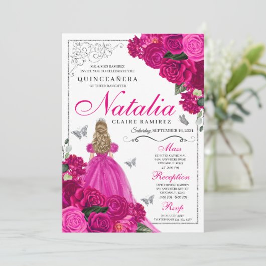 Fuchsia roze zilver prinses vlinder quinceañera kaart (Staand voorkant)