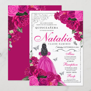 Fuchsia roze zilver prinses vlinder quinceañera kaart