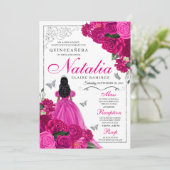 Fuchsia roze zilver prinses vlinder quinceañera kaart (Staand voorkant)