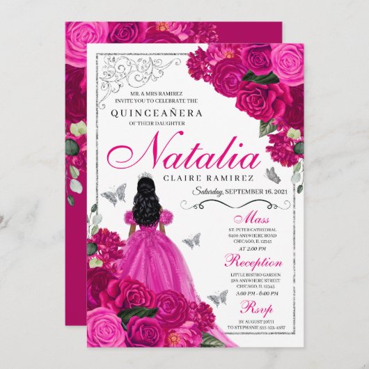 Fuchsia roze zilver prinses vlinder quinceañera kaart (Voorkant / Achterkant)