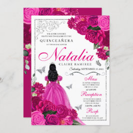 Fuchsia roze zilver prinses vlinder quinceañera kaart