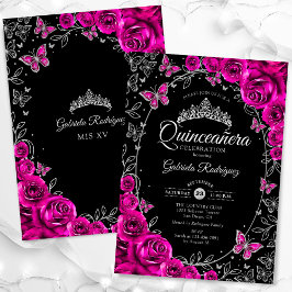 Fuchsia Roze Zilver Zwart Quinceanera Kaart