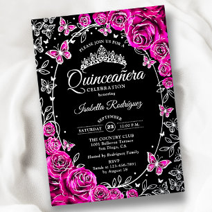 Fuchsia Roze Zilver Zwart Rozen Quinceanera Folie Uitnodiging