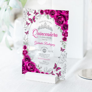 Fuchsia Roze Zilveren Bloemige Quinceanera Acryl Uitnodigingen