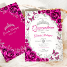 Fuchsia Roze Zilveren Bloemige Quinceanera
