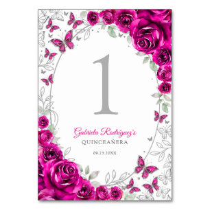 Fuchsia Roze Zilveren Bloemige Quinceanera Kaart