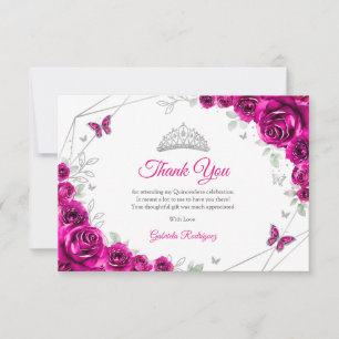 Fuchsia Roze Zilveren Bloemstuk Quinceanera Bedankkaart