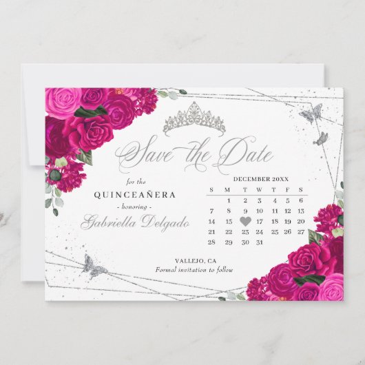 Fuchsia Roze & Zilveren Quinceañera Save De Datum Kaart (Voorkant)