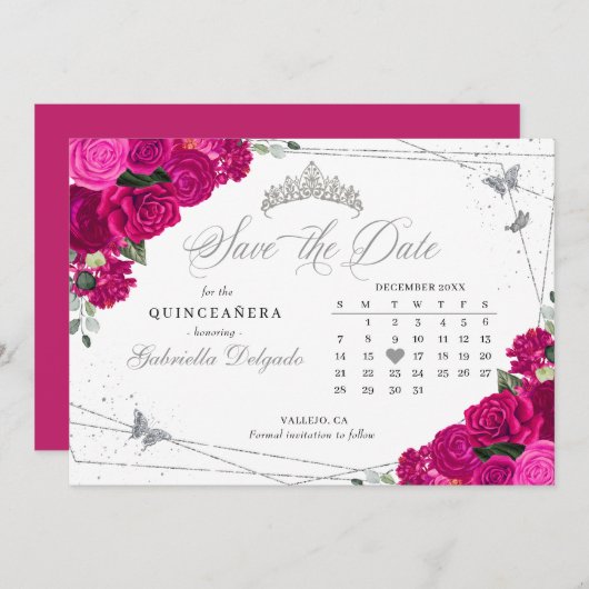 Fuchsia Roze & Zilveren Quinceañera Save De Datum Kaart (Voorkant / Achterkant)