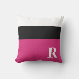 Fuchsia Roze Zwart en Wit Kleurblok Monogram Kussen