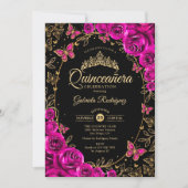 Fuchsia Roze Zwart Goud Quinceanera Kaart (Voorkant)