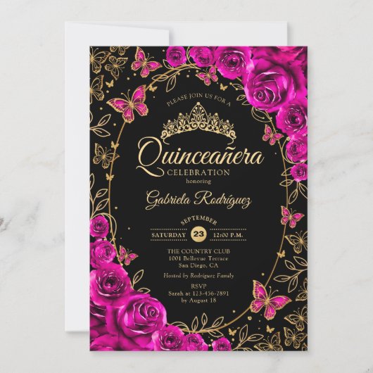 Fuchsia Roze Zwart Goud Quinceanera Kaart (Voorkant)