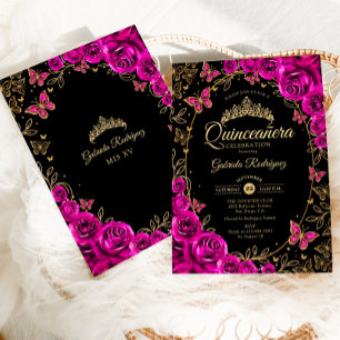 Fuchsia Roze Zwart Goud Quinceanera Kaart