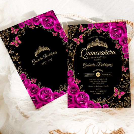 Fuchsia Roze Zwart Goud Quinceanera Kaart