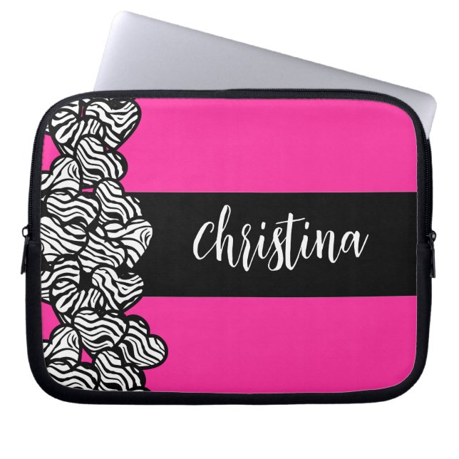 Fuchsia roze zwart wit zebra patroon hart naam laptop sleeve (Voorkant)