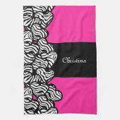 Fuchsia roze zwart wit zebra patroon hart naam theedoek (Verticaal)