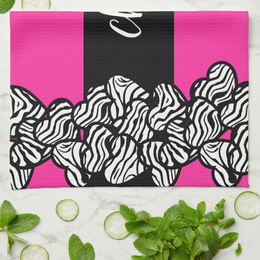 Fuchsia roze zwart wit zebra patroon hart naam theedoek (Gevouwen)