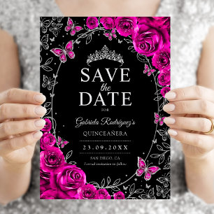 Fuchsia Roze Zwart Zilver Quinceanera Bloem Save The Date