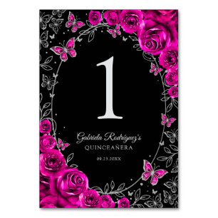 Fuchsia Roze Zwart Zilver Quinceanera Kaart