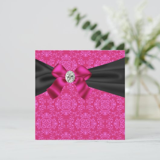 Fuchsia Roze Zwarte Damast Feest Uitnodiging (Staand voorkant)
