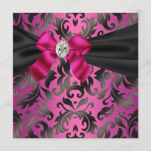 Fuchsia Roze Zwarte Damast Partijuitnodiging Kaart