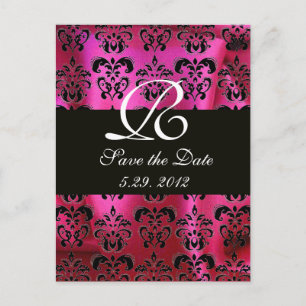FUCHSIA ROZE ZWARTE DAMASTEN STOF MONOGRAM , wit Aankondigingskaart