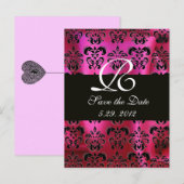FUCHSIA ROZE ZWARTE DAMASTEN STOF MONOGRAM , wit Aankondigingskaart (Voorkant / Achterkant)
