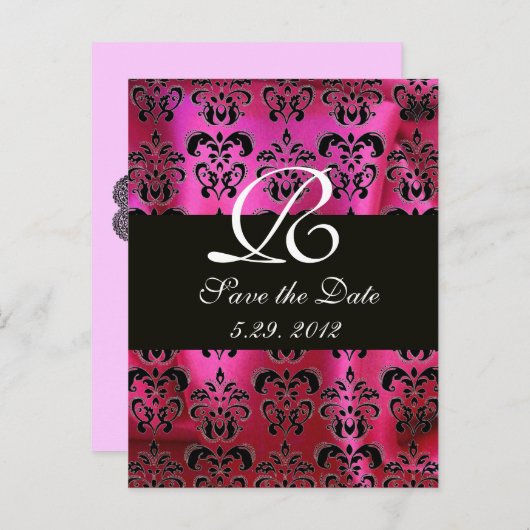 FUCHSIA ROZE ZWARTE DAMASTEN STOF MONOGRAM , wit Aankondigingskaart (Voorkant / Achterkant)