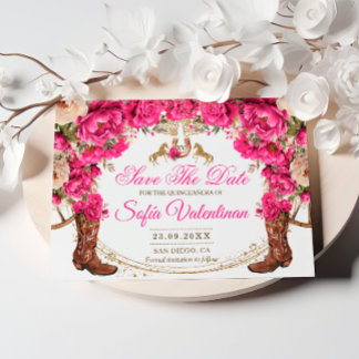 Fuchsia Rozen en Cowboylaarzen Country Quinceañera Save The Date