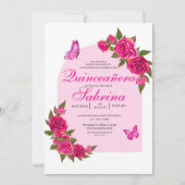 Fuchsia Rozen & Vlinderboog Quinceañera Kaart (Voorkant)