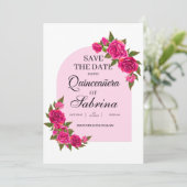 Fuchsia Rozen & Vlinderboog Quinceañera Save The Date (Staand voorkant)