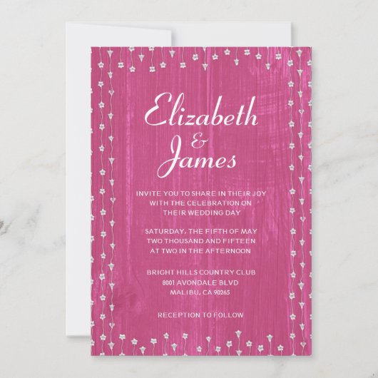 Fuchsia Rustic Barn Wood Wedding Invitations Kaart (Voorkant)