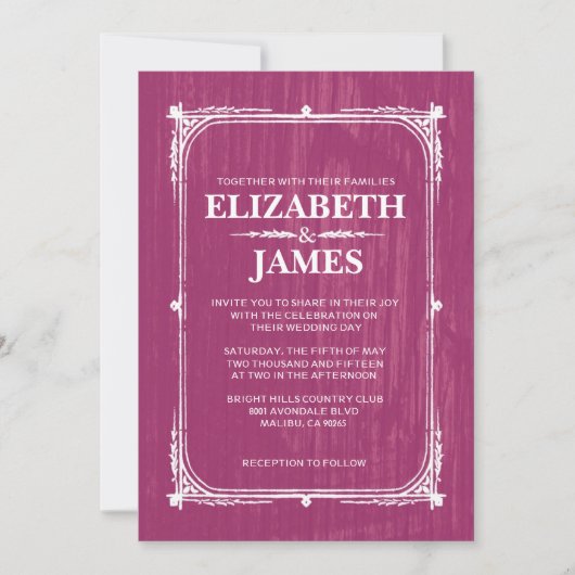 Fuchsia Rustic Barn Wood Wedding Invitations Kaart (Voorkant)
