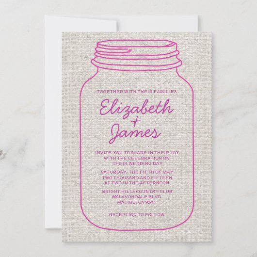 Fuchsia Rustic Burlap Mason Jar Wedding Invitation Kaart (Voorkant)