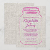 Fuchsia Rustic Burlap Mason Jar Wedding Invitation Kaart (Voorkant / Achterkant)