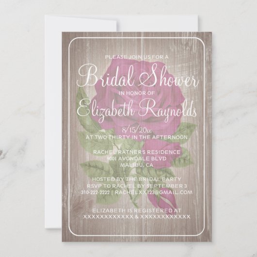 Fuchsia Rustic Floral Bridal Shower Invitations Kaart (Voorkant)