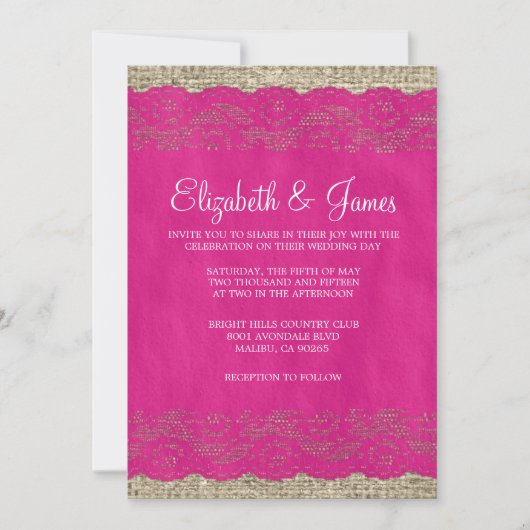 Fuchsia Rustic Lace Wedding Invitations Kaart (Voorkant)