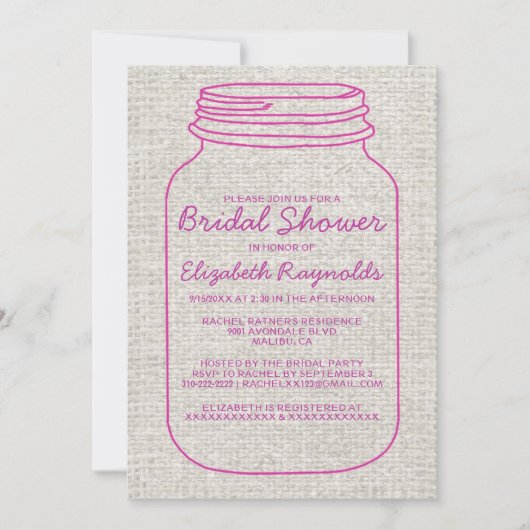 Fuchsia Rustic Mason Jar Bridal Shower Invitations Kaart (Voorkant)