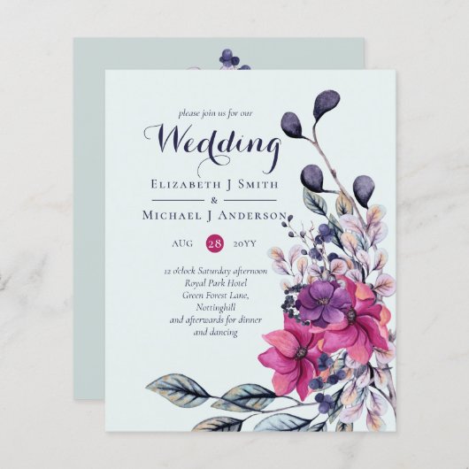 Fuchsia Sage Autumn Fall Wedding nodigt budgettair (Voorkant / Achterkant)