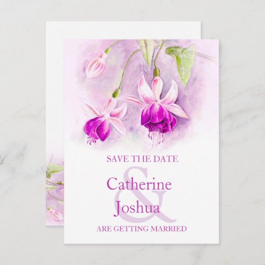 Fuchsia schilderde paarse bloem op de datumkaart aankondigingskaart (Voorkant / Achterkant)