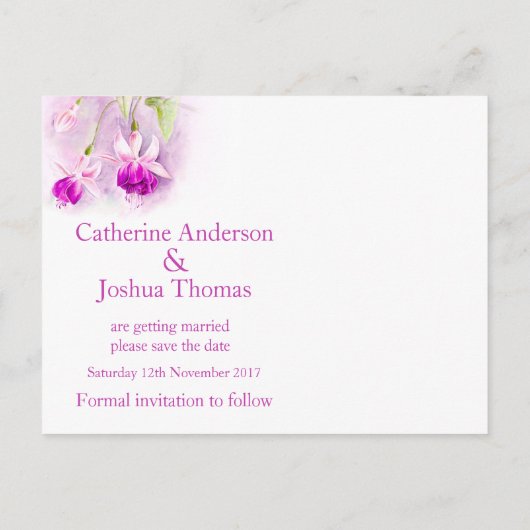 Fuchsia schilderde paarse bloem op de datumkaart aankondigingskaart (Achterkant)